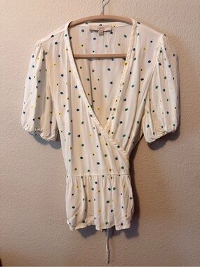 LOFT White Wrap Peplum Top with Blue, Green & Yellow Dot Print